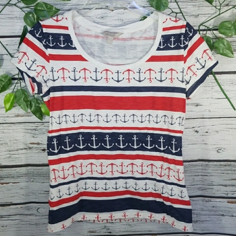 Banana Republic sailor anchor boat red white blue scoop shirt sz Small Petite
